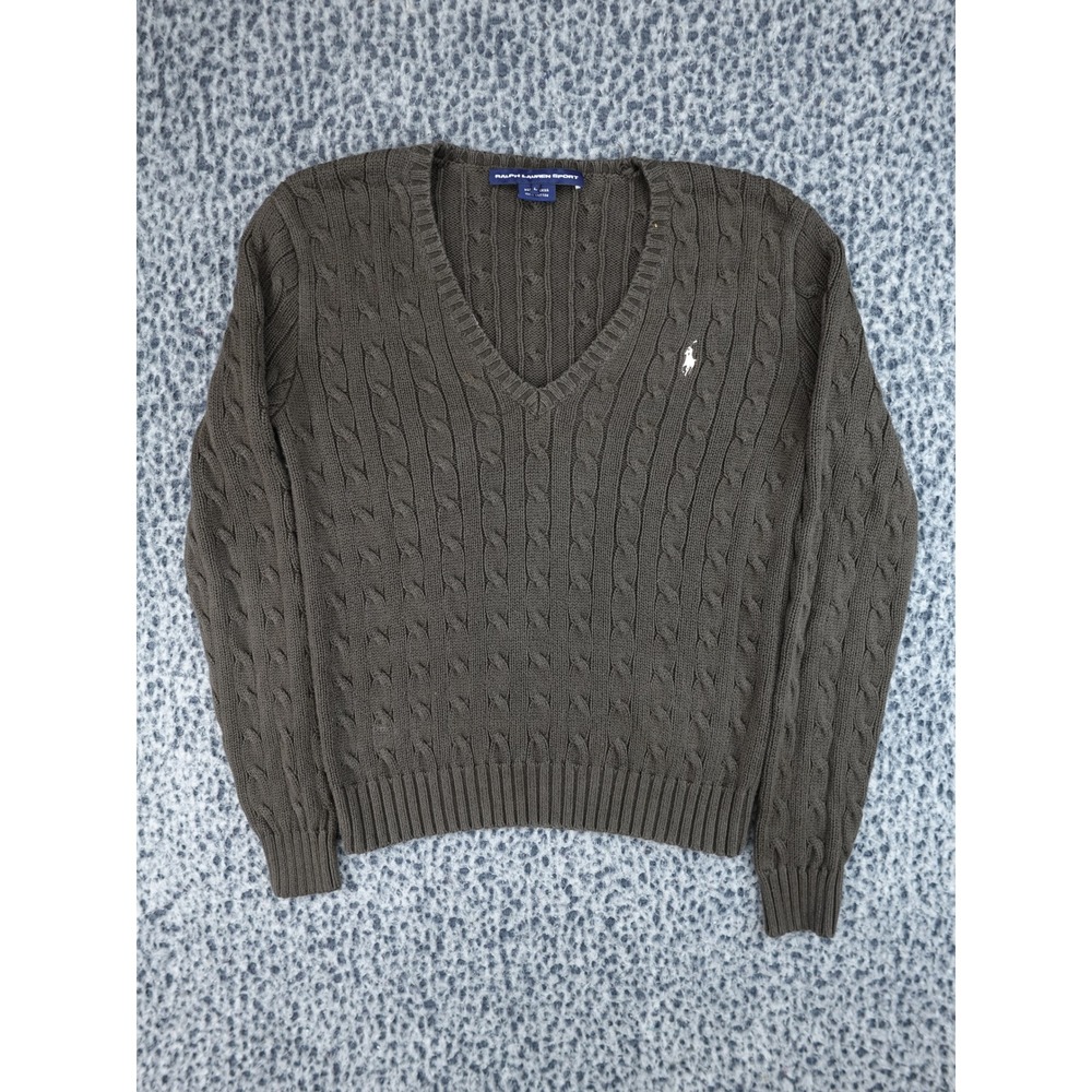 Ralph Lauren Sport Sweater Womens Large Brown Cable Knit V-Neck Cotton 11977